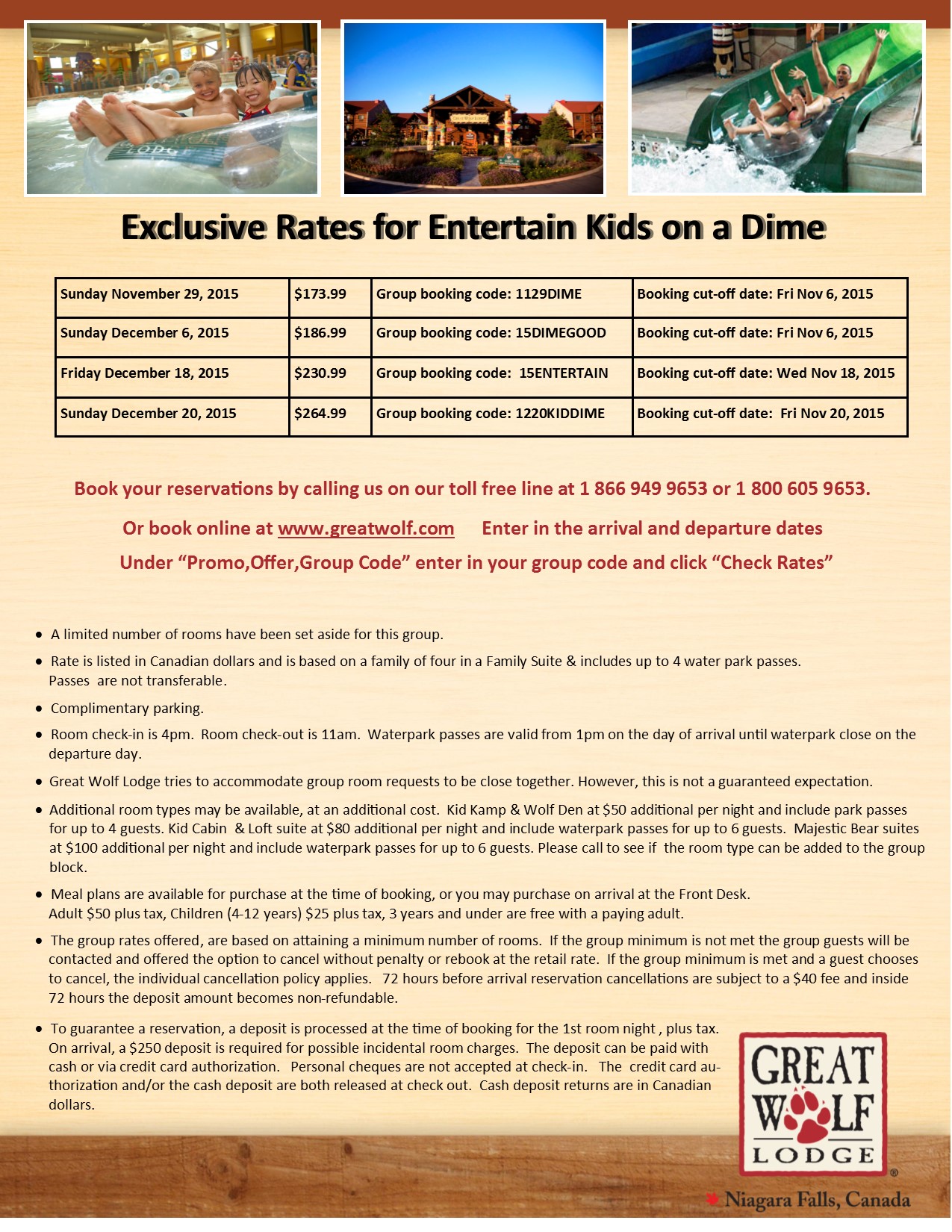 Entertain Kids on a Dime - Nov 29, Dec 6, 18, 20, 2015 - Great Wolf Lodge Booking Flyer