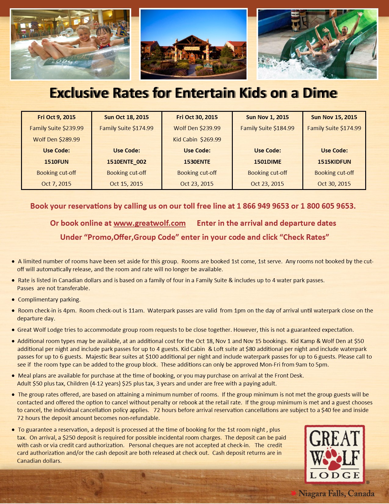 Entertain Kids on a Dime - group booking info at Great Wolf Lodge - Oct 9, Oct 18, Oct 30, Nov 1, Nov 15